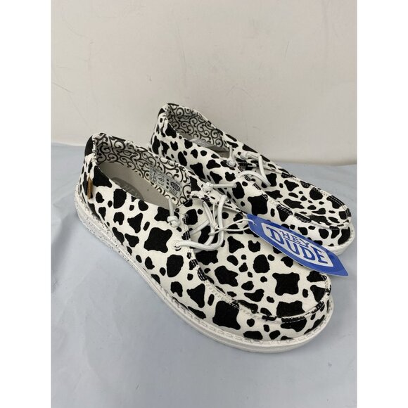 NWT Hey Dude Wendy Milky Way Black White Size 8 Cow Pattern Slip On - Picture 5 of 7
